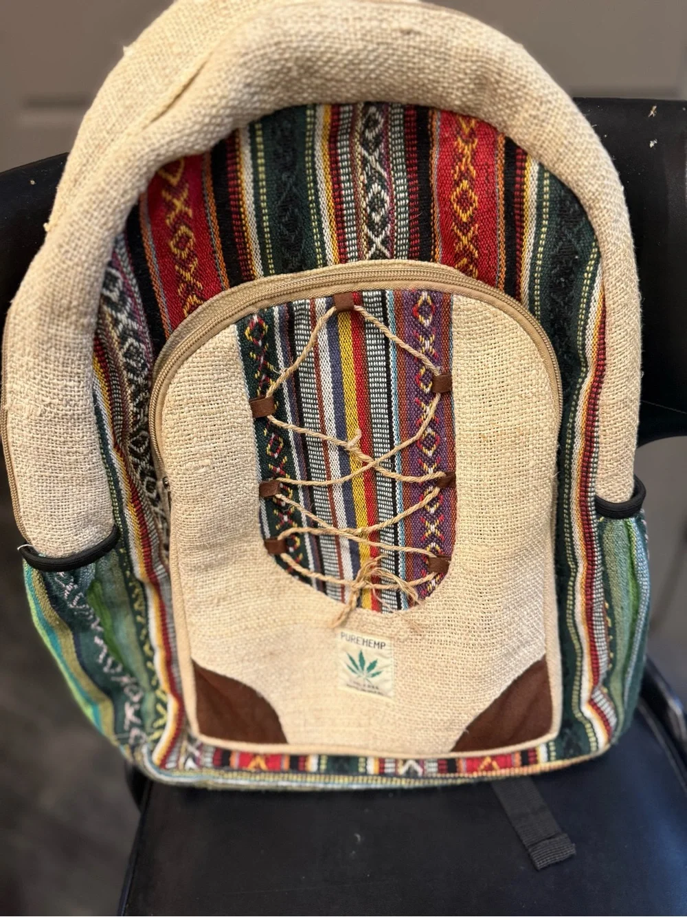 Handcrafted Hemp Boho Backpack - Natural Multi